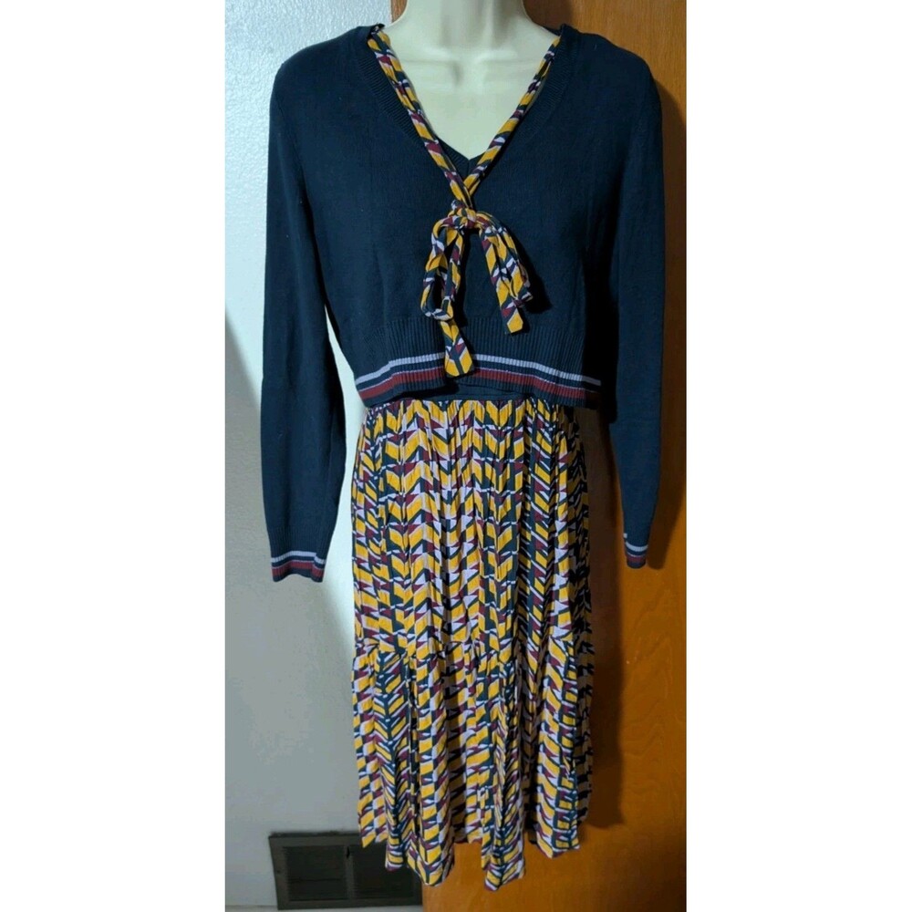 Maeve Anthropologie Womens V Neck Sweater Dress Navy Blue Yellow Geometric M Pet